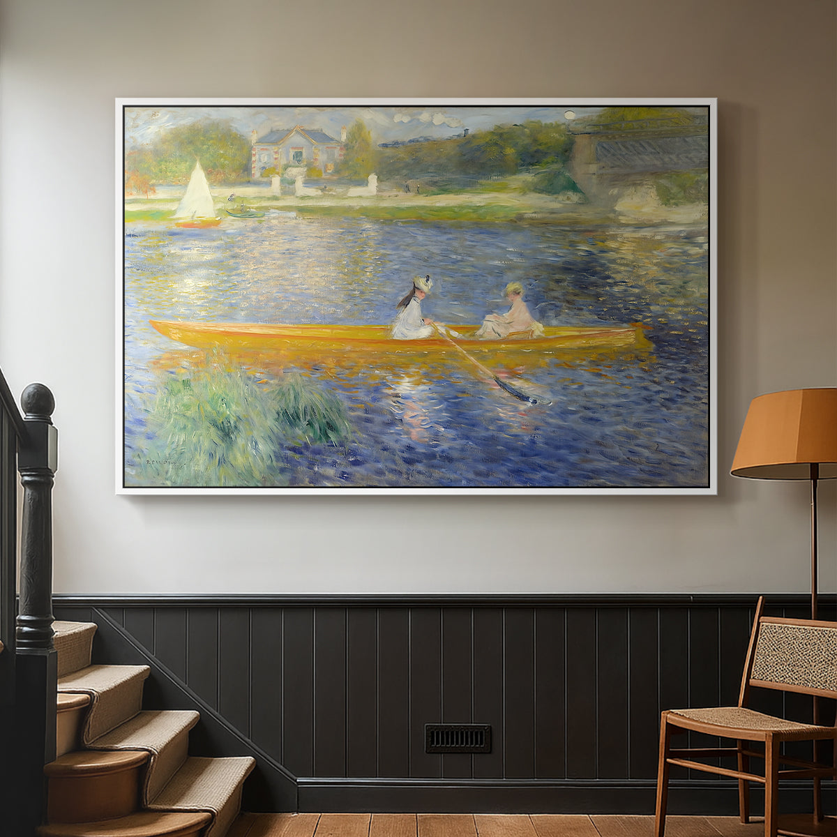 White floater framed canvas featuring a leisure scene of figures in a small rowboat on tranquil water, displayed in a hallway near a staircase.