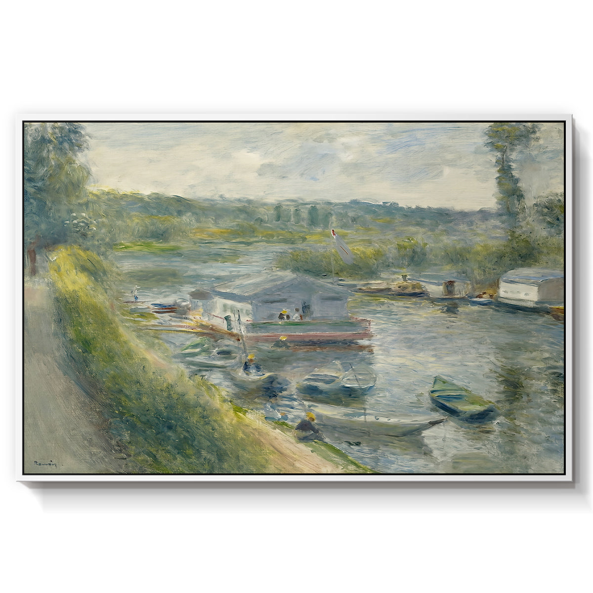 Wash-House Boat at Bas-Meudon, c. 1874 by Pierre-Auguste Renoir in a white floater framed canvas wall art display.