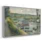 Angled view of Wash-House Boat at Bas-Meudon, c. 1874 by Pierre-Auguste Renoir in a white floater framed canvas.