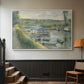 White floater framed canvas featuring an everyday life scene with boat and figures along river edge, displayed in a hallway near a staircase.