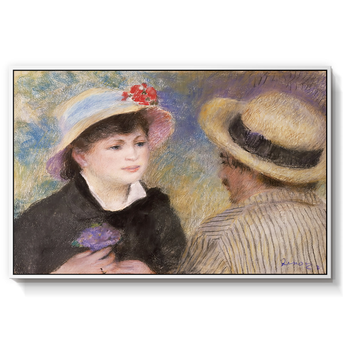 Boating Couple (Aline Charigot and Renoir), c. 1881 by Pierre-Auguste Renoir in a white floater framed canvas wall art display.
