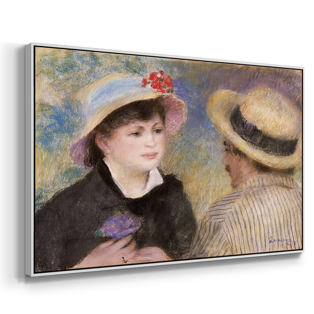 Angled view of Boating Couple (Aline Charigot and Renoir), c. 1881 by Pierre-Auguste Renoir in a white floater framed canvas.