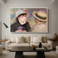 Boating Couple (Aline Charigot and Renoir), c. 1881 by Pierre-Auguste Renoir as a white floater framed canvas featuring a close-up of a couple seated together outdoors with hats and soft sunlight, displayed above a sofa in a modern living room.
