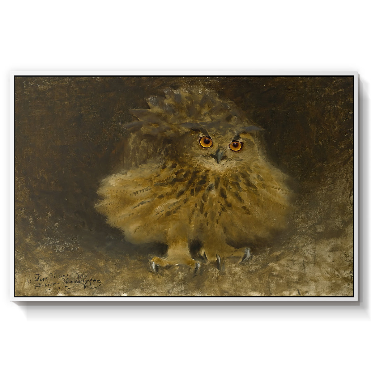 An Eagle Owl (Berguv), 1905 by Bruno Liljefors in a white floater framed canvas wall art display.