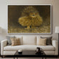 An Eagle Owl (Berguv), 1905 by Bruno Liljefors displayed in a white floater framed canvas above a sofa in a clean living room.