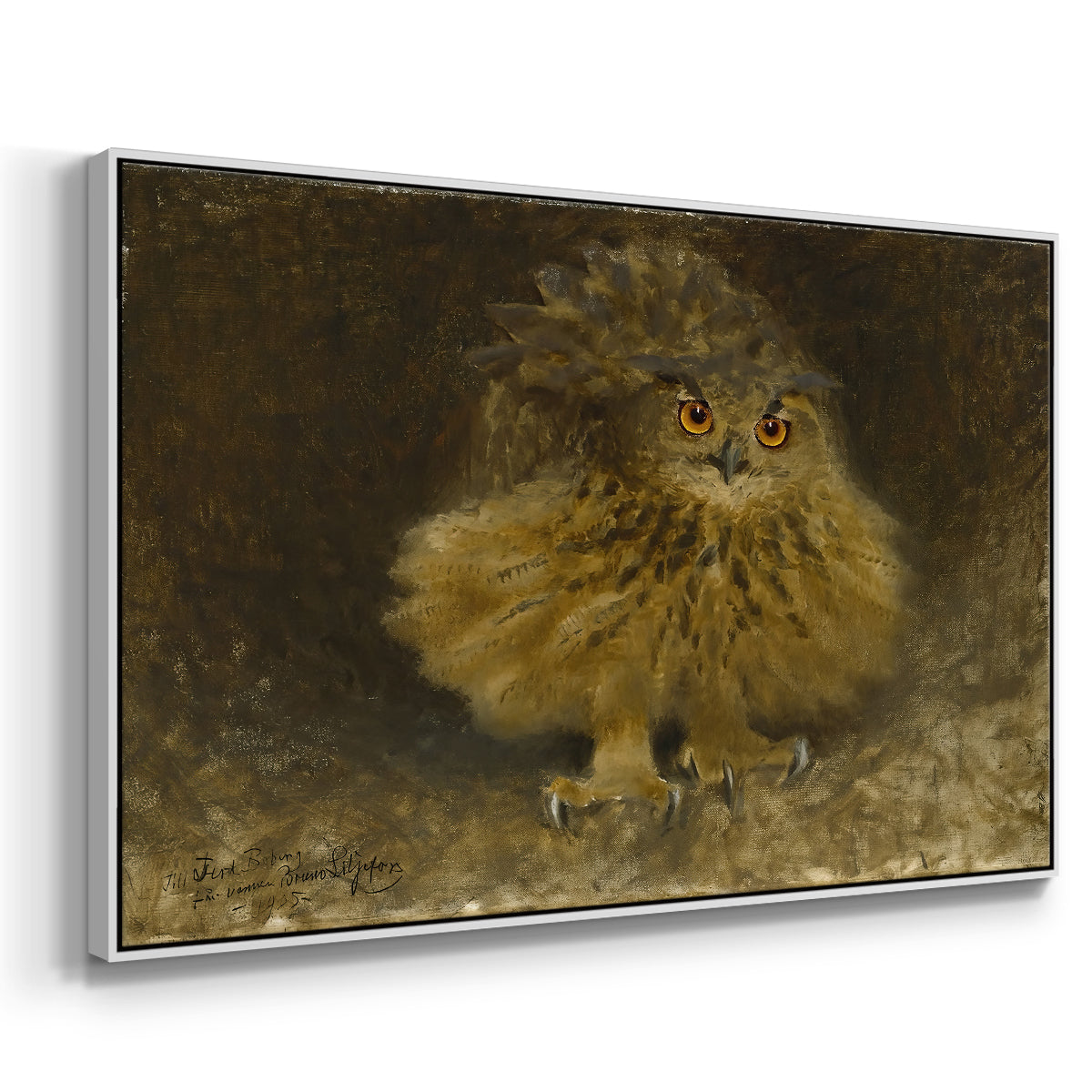 Angled view of An Eagle Owl (Berguv), 1905 by Bruno Liljefors in a white floater framed canvas.