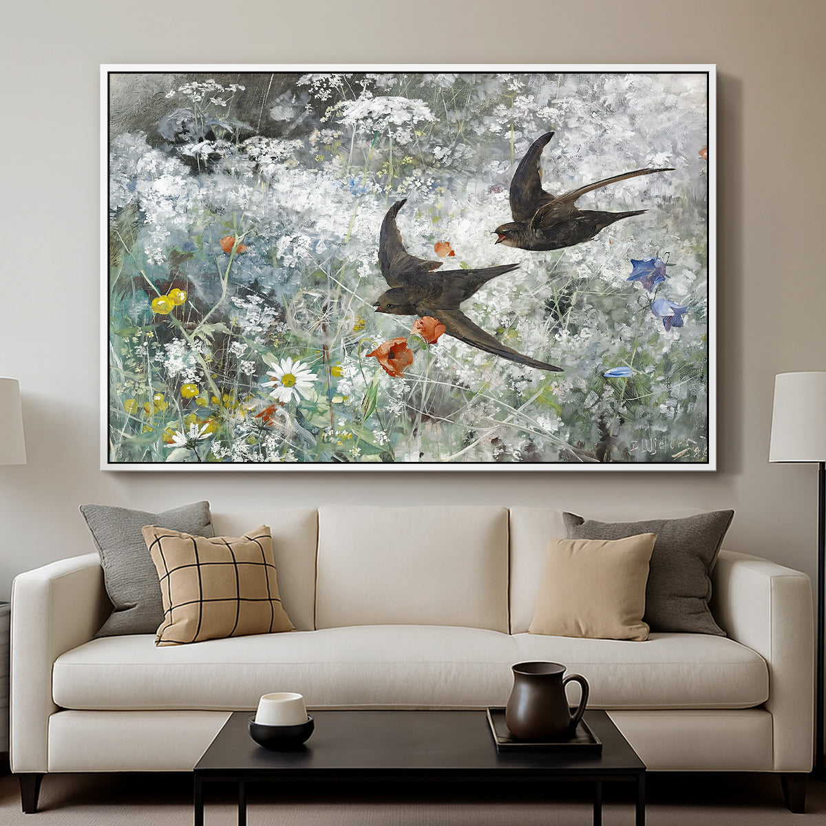 Common Swifts, 1886 by Bruno Liljefors displayed in a white floater framed canvas above a sofa in a clean living room.