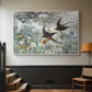 White floater framed canvas featuring an impressionist wildlife scene capturing birds in motion, displayed in a hallway near a staircase.