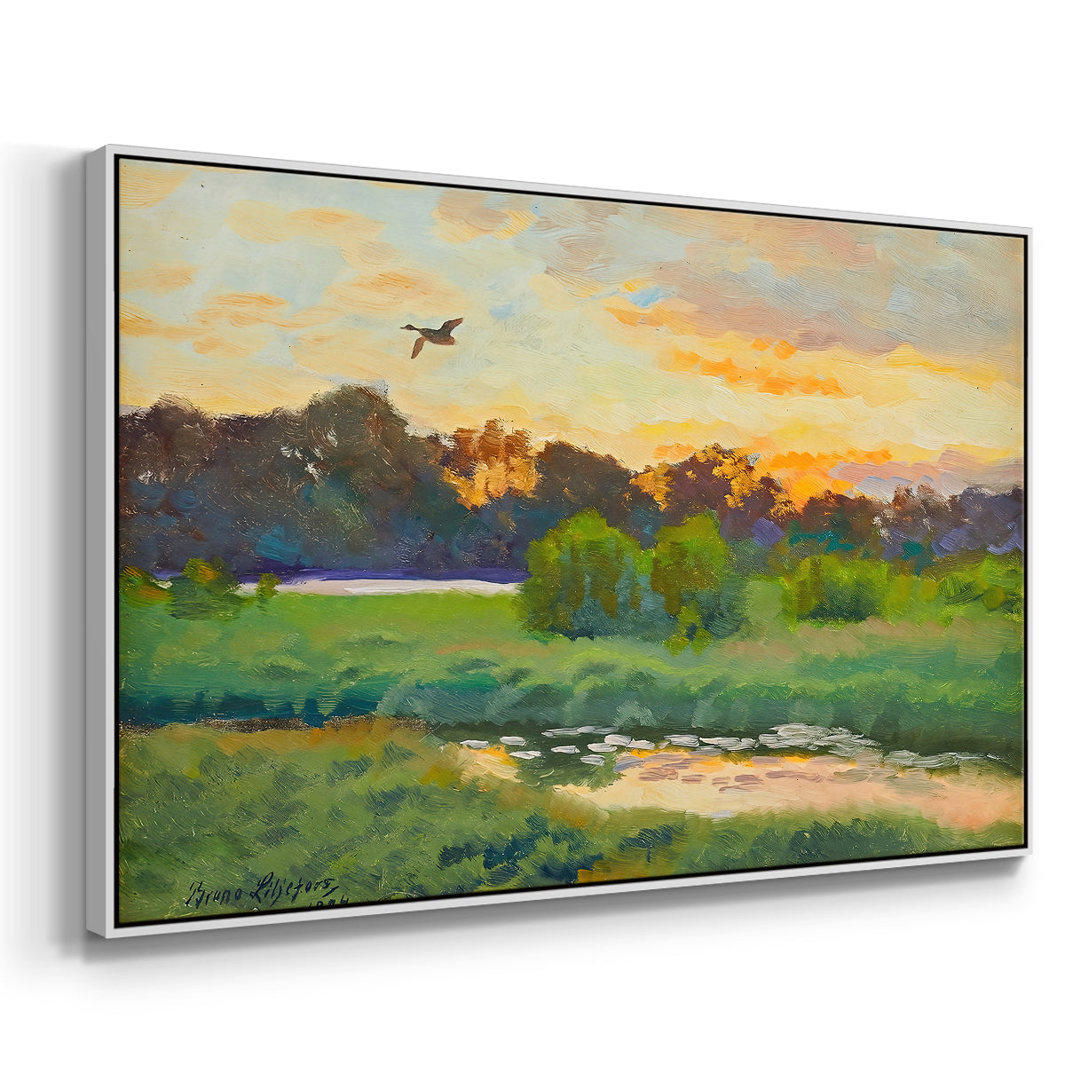 Angled view of Flying Duck at Sunset, 1924 by Bruno Liljefors in a white floater framed canvas.