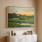 White floater framed canvas of Flying Duck at Sunset, 1924 by Bruno Liljefors, featuring a lone duck soaring over a glowing marshland above a console cabinet in a minimalist entryway.
