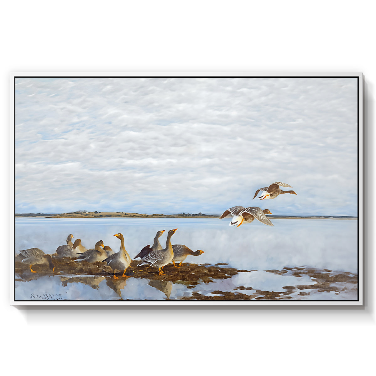 Greylag Geese (Grågäss), 1922 by Bruno Liljefors in a white floater framed canvas wall art display.