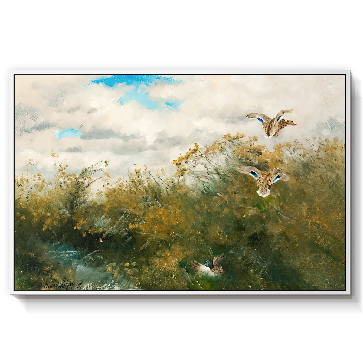 Wild Ducks (Grasänder), 1890 by Bruno Liljefors in a white floater framed canvas wall art display.