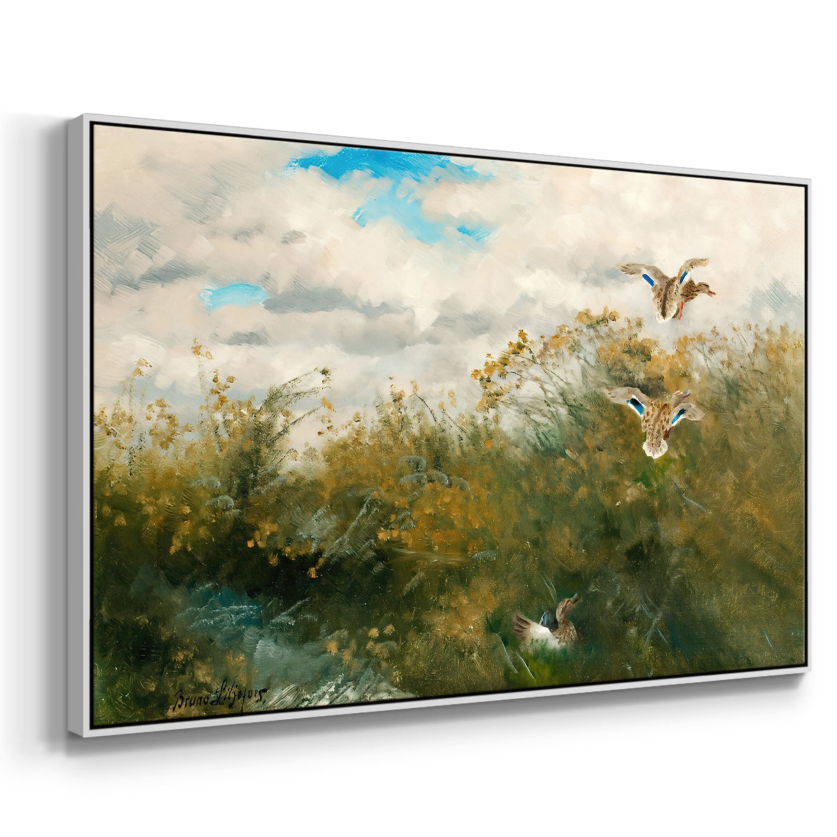 Angled view of Wild Ducks (Grasänder), 1890 by Bruno Liljefors in a white floater framed canvas.