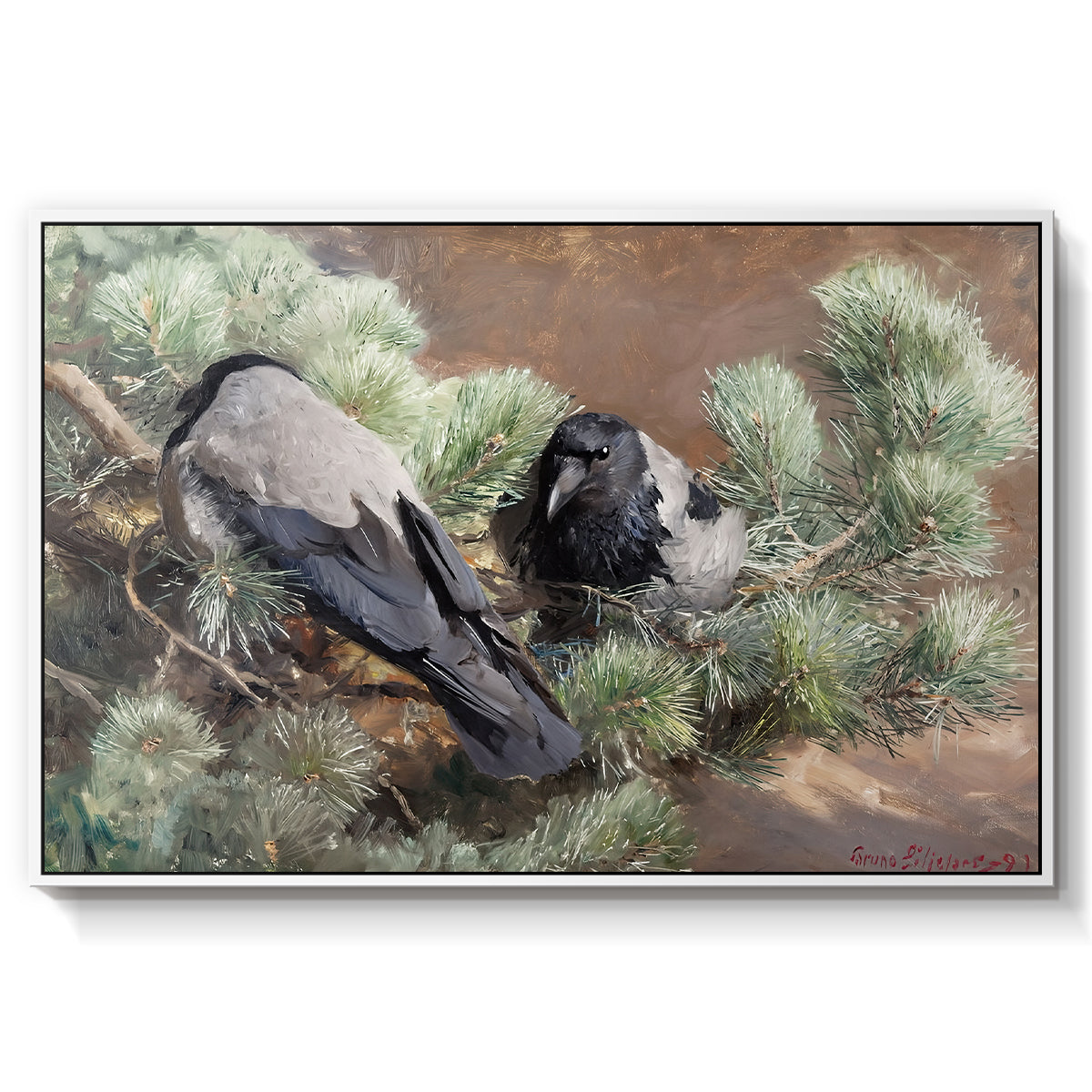 Hooded Crows (Kråkor), 1891 by Bruno Liljefors in a white floater framed canvas wall art display.