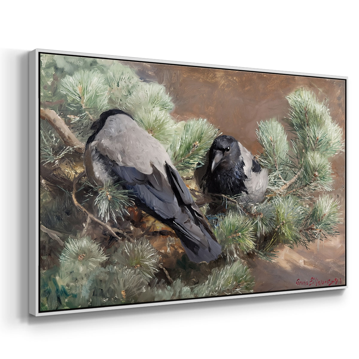 Angled view of Hooded Crows (Kråkor), 1891 by Bruno Liljefors in a white floater framed canvas.