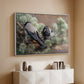 White floater framed canvas of Hooded Crows (Kråkor), 1891 by Bruno Liljefors, featuring birds standing alert in natural field environment above a console cabinet in a minimalist entryway.