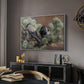 Hooded Crows (Kråkor), 1891 by Bruno Liljefors in a white floater framed canvas featuring a realistic scene of crows interacting on grassy terrain, displayed above a desk in a dark home office interior.