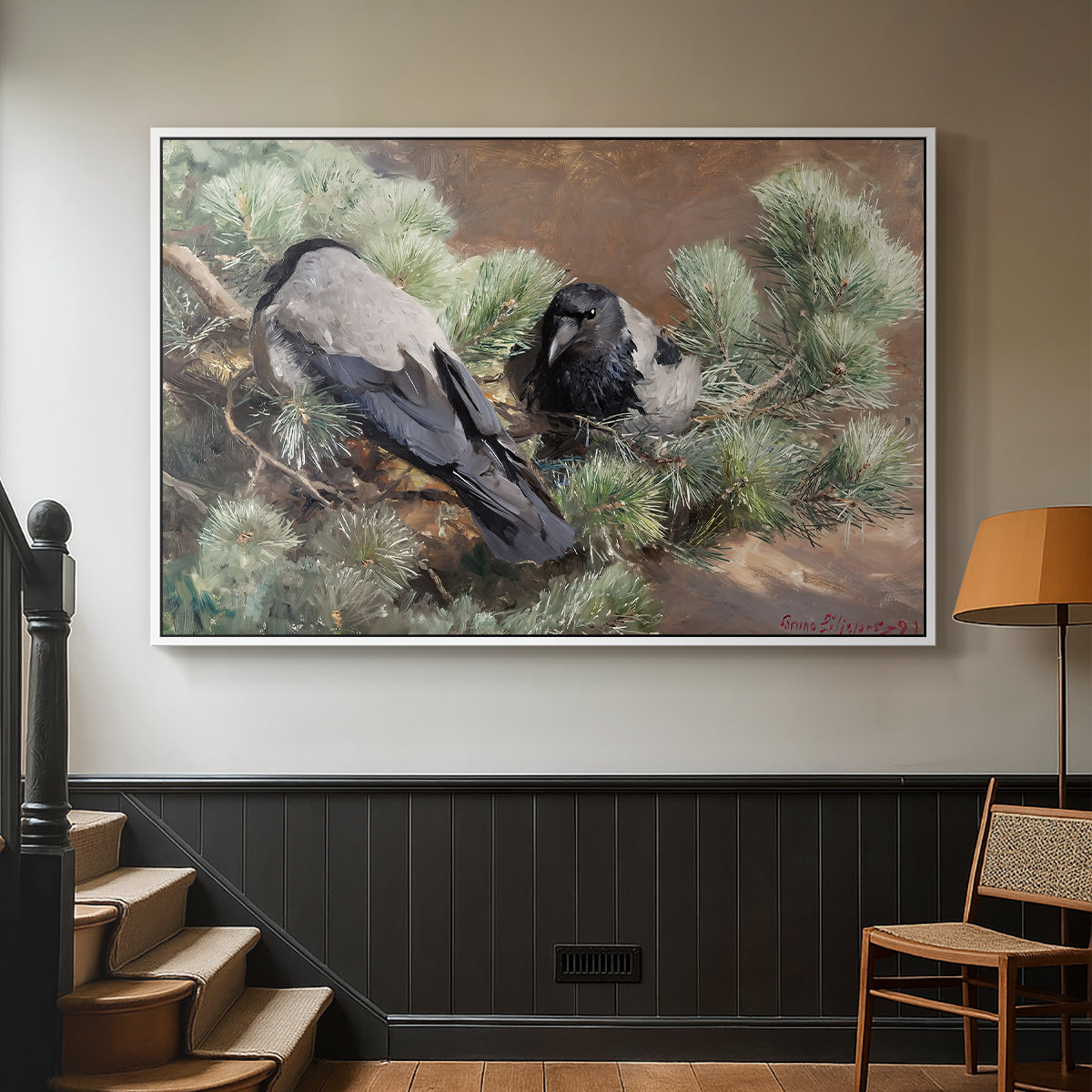 White floater framed canvas featuring a wildlife painting of dark birds against muted landscape, displayed in a hallway near a staircase.