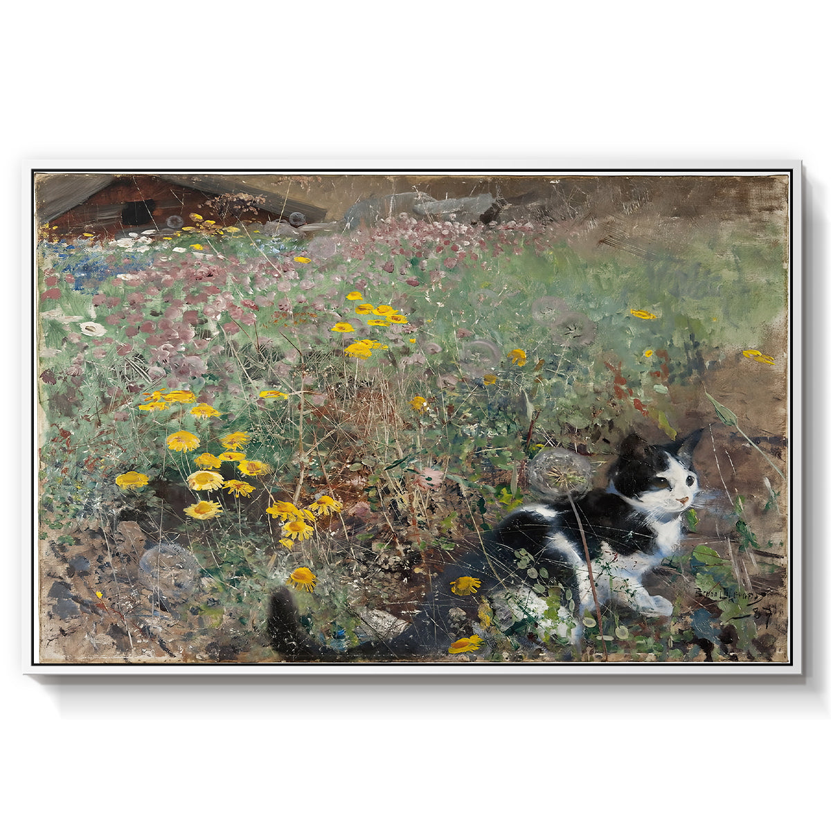 Cat on a Flowery Meadow, 1887 by Bruno Liljefors in a white floater framed canvas wall art display.