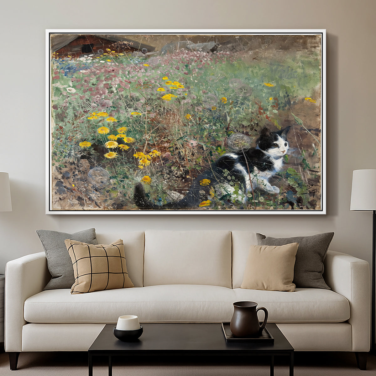Cat on a Flowery Meadow, 1887 by Bruno Liljefors displayed in a white floater framed canvas above a sofa in a clean living room.