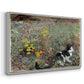 Angled view of Cat on a Flowery Meadow, 1887 by Bruno Liljefors in a white floater framed canvas.