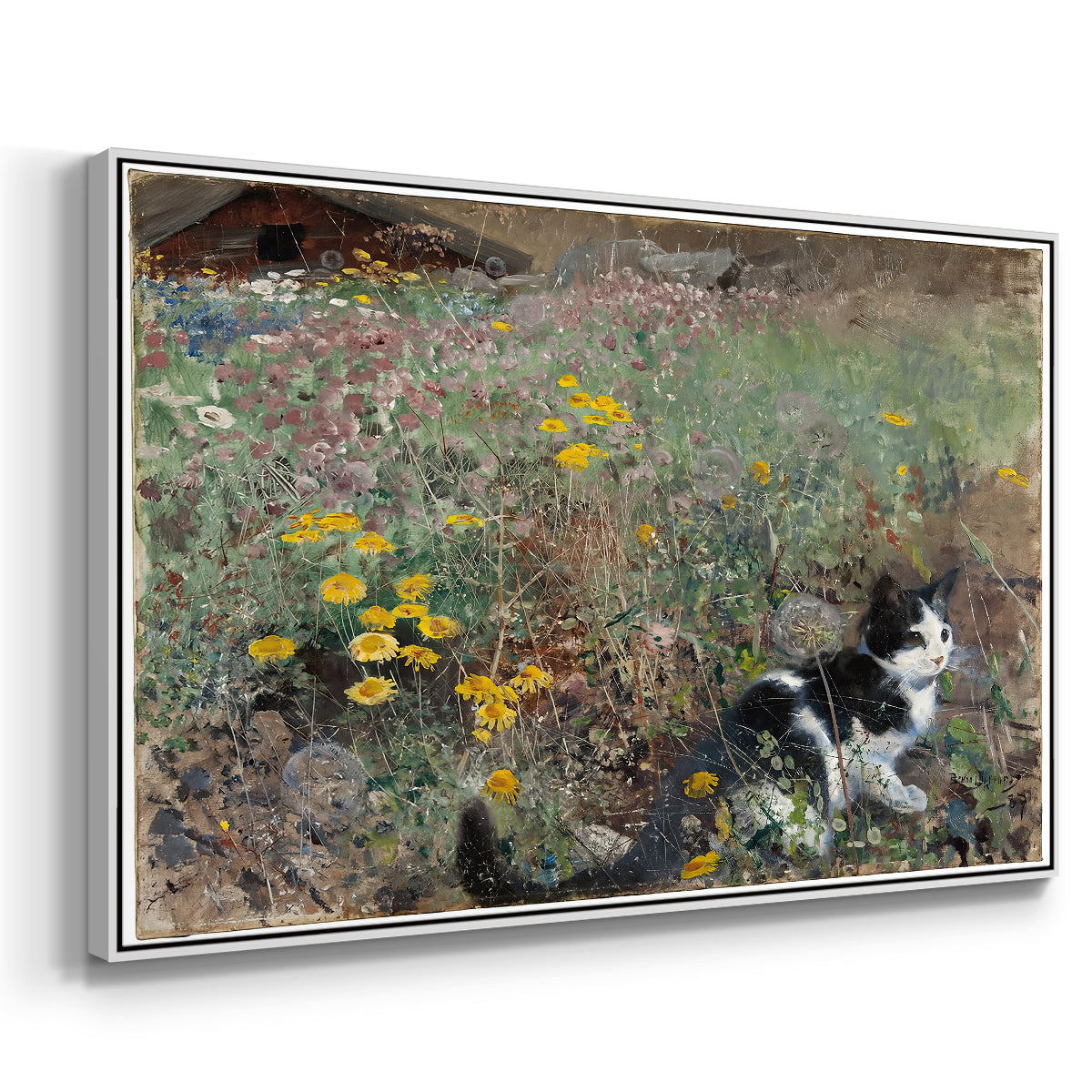 Angled view of Cat on a Flowery Meadow, 1887 by Bruno Liljefors in a white floater framed canvas.