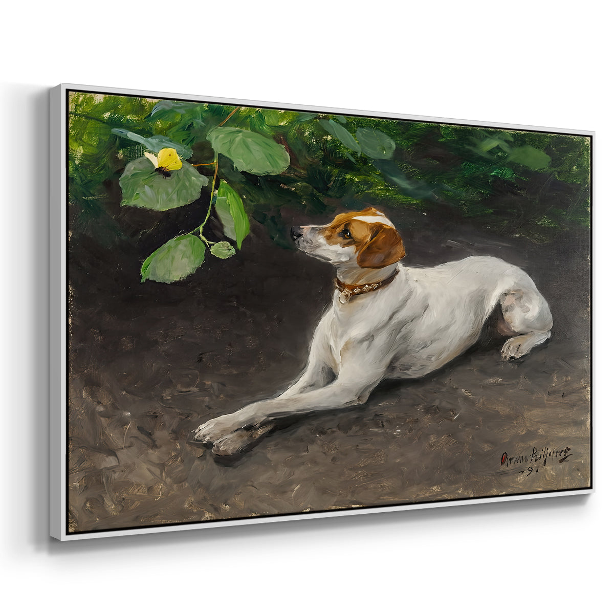 Angled view of Portrait of a Dog, 1891 by Bruno Liljefors in a white floater framed canvas.