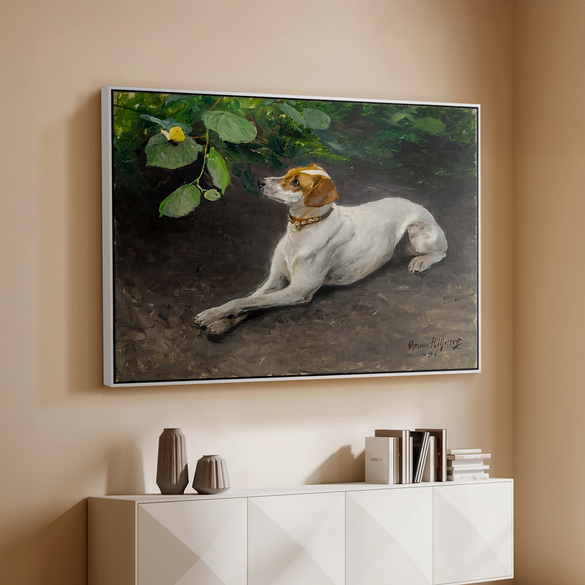 White floater framed canvas of Portrait of a Dog, 1891 by Bruno Liljefors, featuring a realistic portrait of a resting dog with attentive expression above a console cabinet in a minimalist entryway.