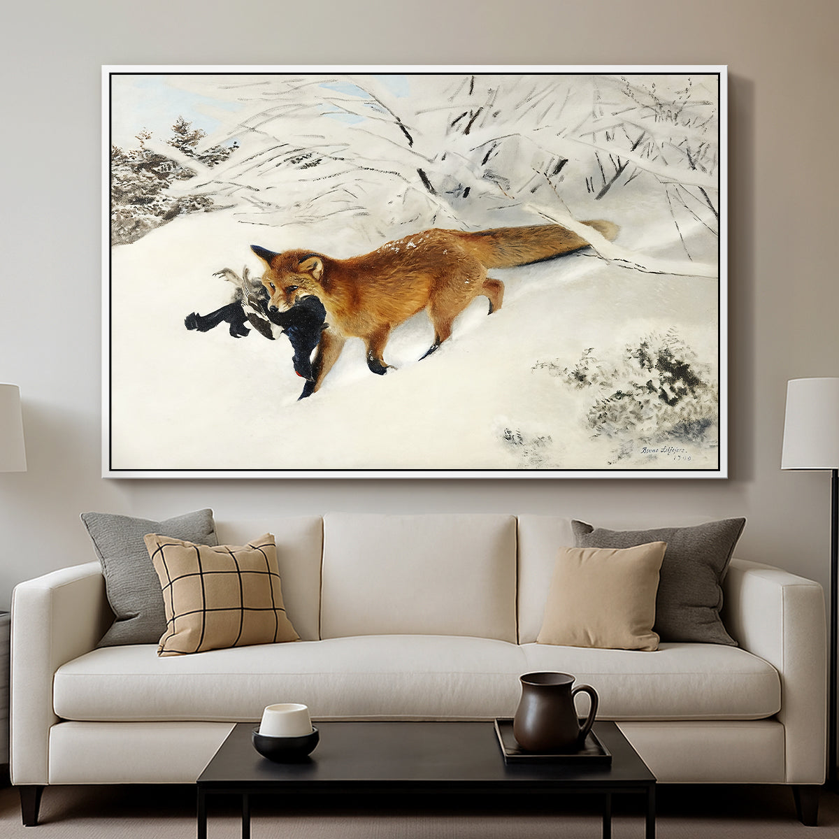 Fox in Snow Landscape, 1900 by Bruno Liljefors displayed in a white floater framed canvas above a sofa in a clean living room.