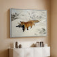 White floater framed canvas of Fox in Snow Landscape, 1900 by Bruno Liljefors, featuring a wildlife scene of fox moving swiftly through winter terrain above a console cabinet in a minimalist entryway.