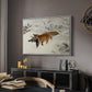 Fox in Snow Landscape, 1900 by Bruno Liljefors in a white floater framed canvas featuring a red fox crossing snow-covered ground under pale sky, displayed above a desk in a dark home office interior.