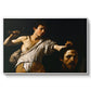 David with the Head of Goliath (Vienna Version), c. 1607 by Caravaggio in a white floater framed canvas wall art display.