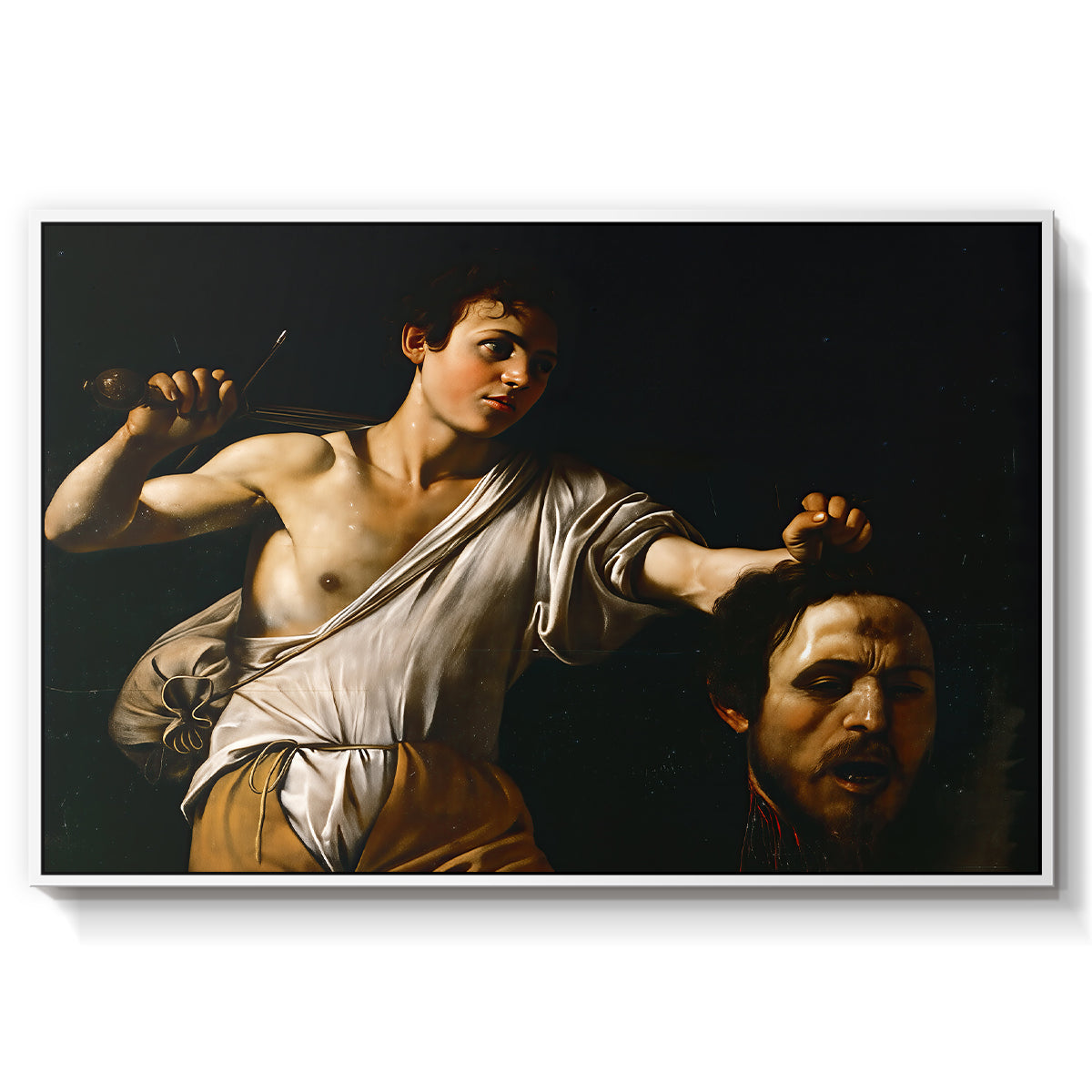 David with the Head of Goliath (Vienna Version), c. 1607 by Caravaggio in a white floater framed canvas wall art display.