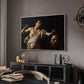 David with the Head of Goliath (Vienna Version), c. 1607 by Caravaggio in a white floater framed canvas featuring a Baroque depiction of youth holding severed head in shadowy setting, displayed above a desk in a dark home office interior.