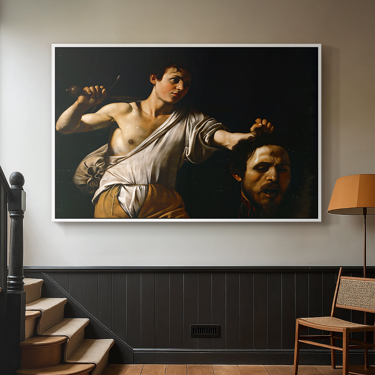 White floater framed canvas featuring an intense religious scene with figure emerging from darkness holding trophy, displayed in a hallway near a staircase.
