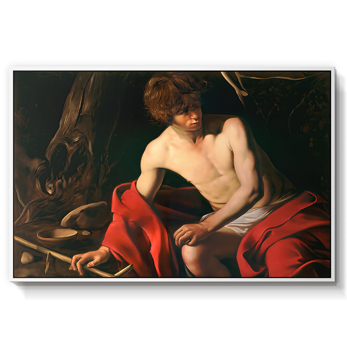 Saint John the Baptist in the Wilderness, c. 1603-1604 by Caravaggio in a white floater framed canvas wall art display.