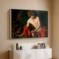 White floater framed canvas of Saint John the Baptist in the Wilderness, c. 1603-1604 by Caravaggio, featuring a solitary figure of Saint John resting in natural setting with soft light above a console cabinet in a minimalist entryway.
