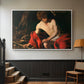 White floater framed canvas featuring a contemplative religious figure in rustic wilderness environment, displayed in a hallway near a staircase.