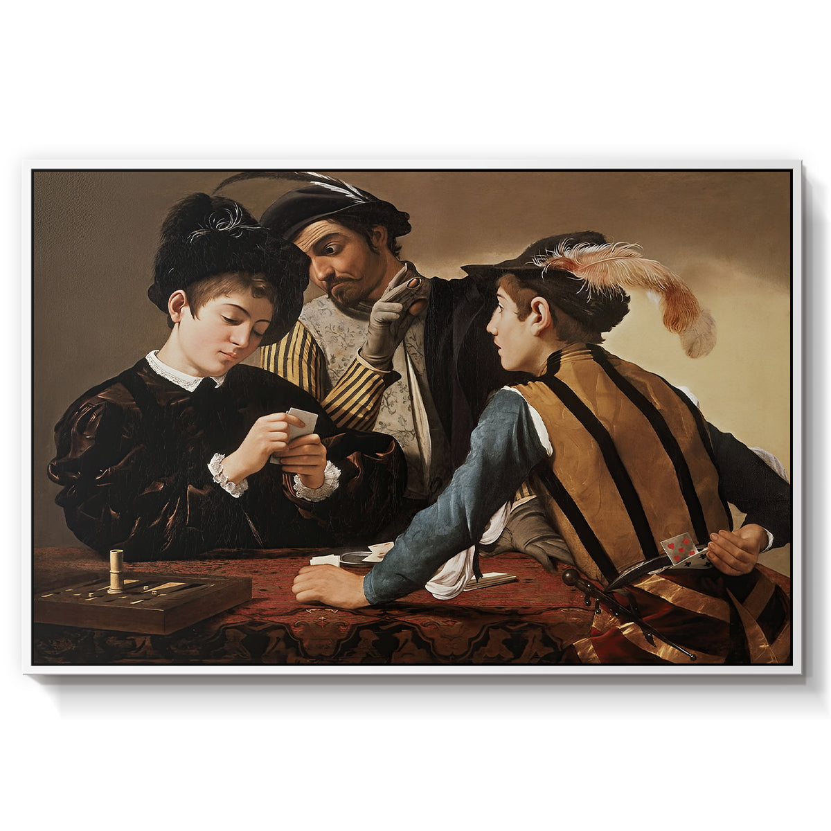 The Cardsharps, c. 1594 by Caravaggio in a white floater framed canvas wall art display.