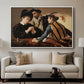 The Cardsharps, c. 1594 by Caravaggio displayed in a white floater framed canvas above a sofa in a clean living room.