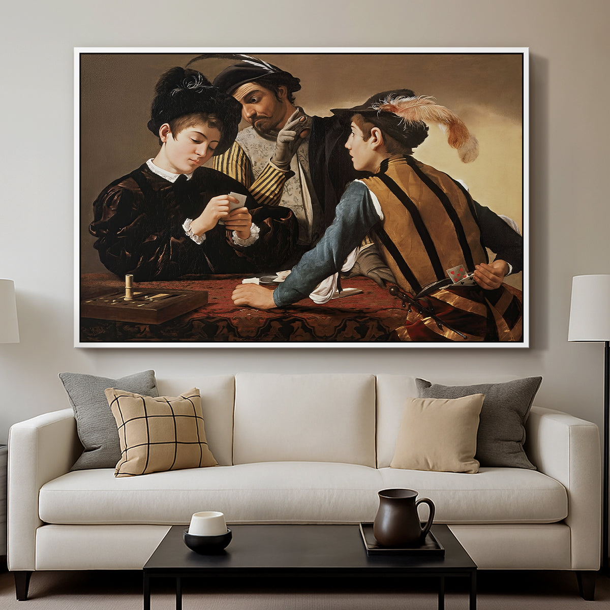 The Cardsharps, c. 1594 by Caravaggio displayed in a white floater framed canvas above a sofa in a clean living room.
