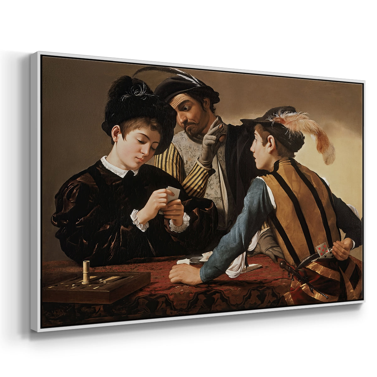 Angled view of The Cardsharps, c. 1594 by Caravaggio in a white floater framed canvas.