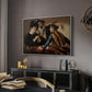 The Cardsharps, c. 1594 by Caravaggio in a white floater framed canvas featuring a young men playing cards with one cheating and another watching closely, displayed above a desk in a dark home office interior.