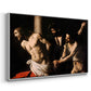Angled view of The Flagellation of Christ at the Column (Rouen Version), 1606 by Caravaggio in a white floater framed canvas.