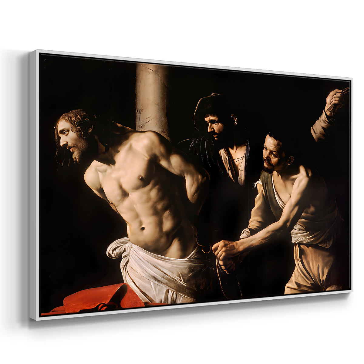 Angled view of The Flagellation of Christ at the Column (Rouen Version), 1606 by Caravaggio in a white floater framed canvas.