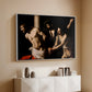 White floater framed canvas of The Flagellation of Christ at the Column (Rouen Version), 1606 by Caravaggio, featuring a dramatic religious scene of Christ enduring flagellation in dark interior above a console cabinet in a minimalist entryway.