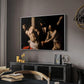 The Flagellation of Christ at the Column (Rouen Version), 1606 by Caravaggio in a white floater framed canvas featuring a biblical depiction of men whipping Christ tied to pillar, displayed above a desk in a dark home office interior.