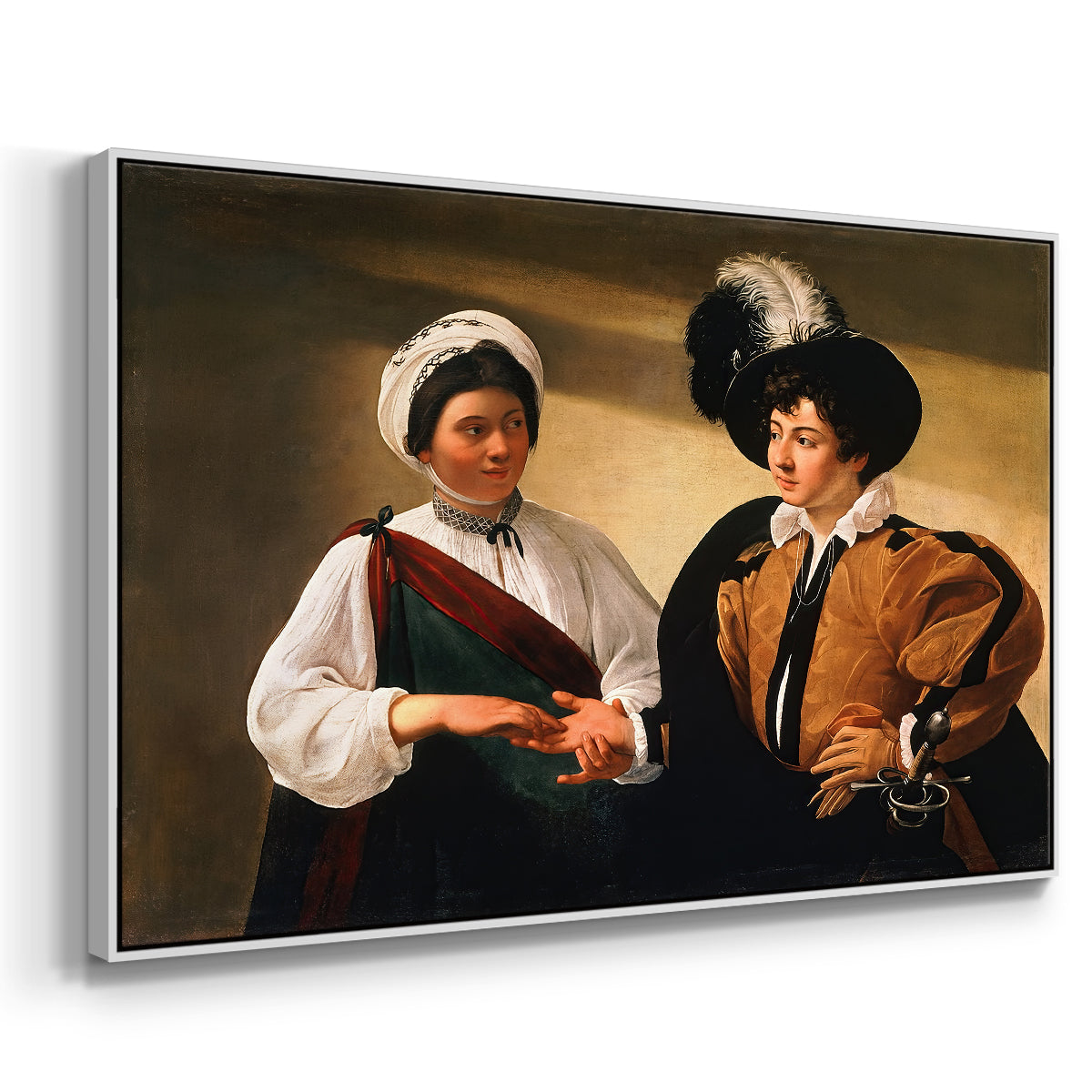 Angled view of The Fortune Teller (Louvre Version), c. 1595 by Caravaggio in a white floater framed canvas.