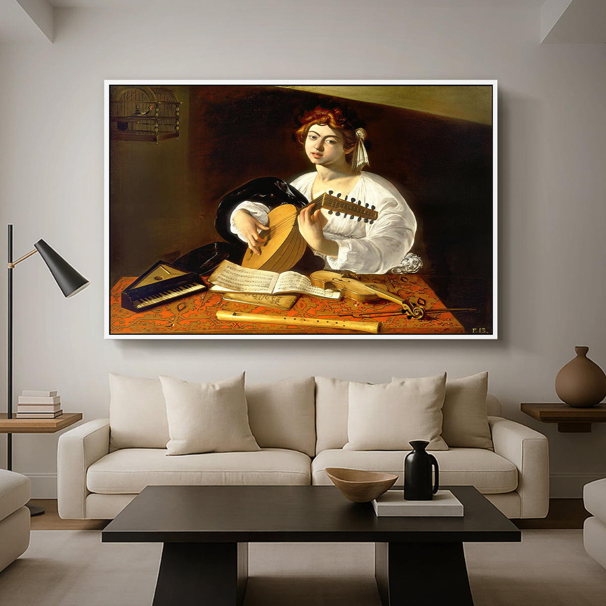 The Lute Player (Wildenstein Version), c. 1596 by Caravaggio as a white floater framed canvas featuring a young man playing lute surrounded by sheet music and still life objects, displayed above a sofa in a modern living room.
