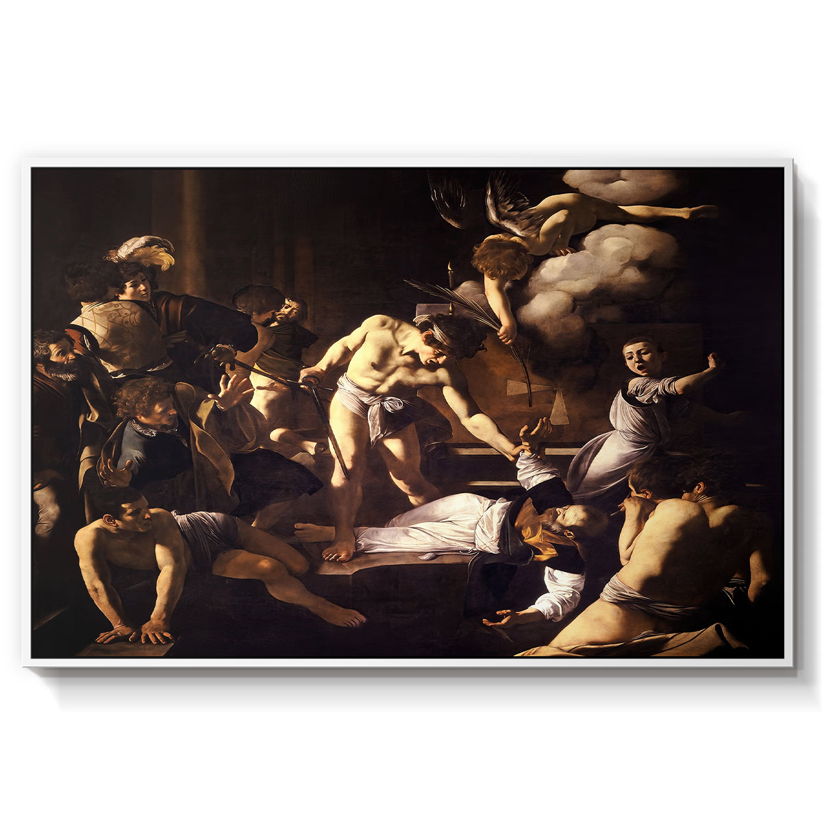 The Martyrdom of Saint Matthew, 1599-1600 by Caravaggio in a white floater framed canvas wall art display.